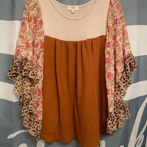 Bell sleeved beige and rust floral with leopard